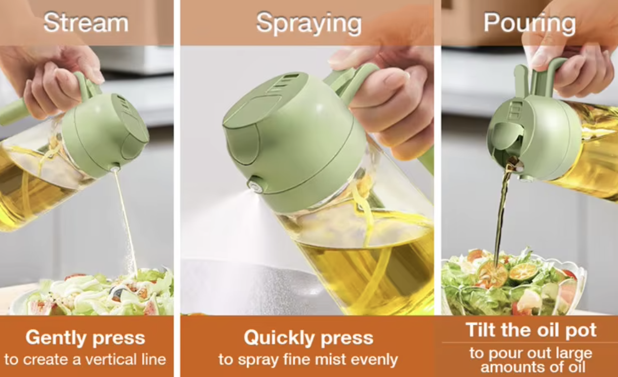 Three stages of using a green oil dispenser on a kitchen counter.