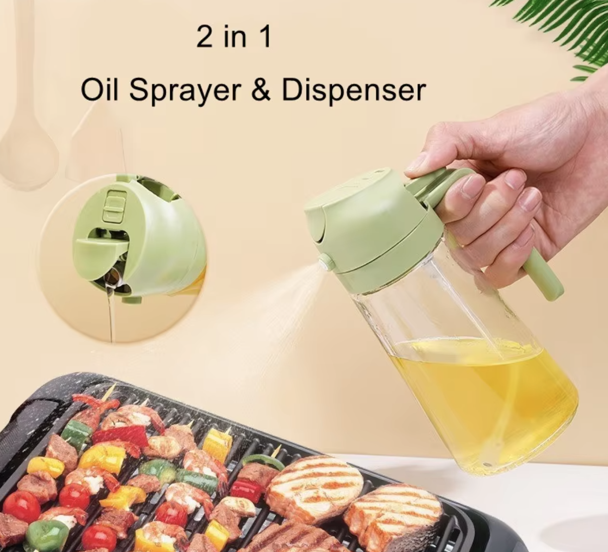 2-in-1 oil sprayer and dispenser being used different ways