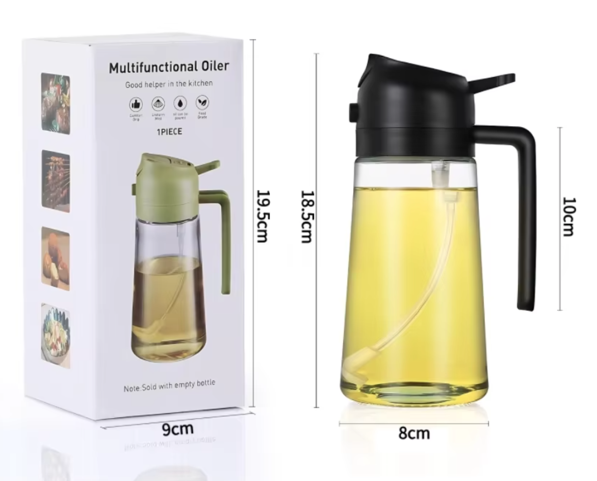 Oil Sprayer Pourer with packaging and dimensions displayed