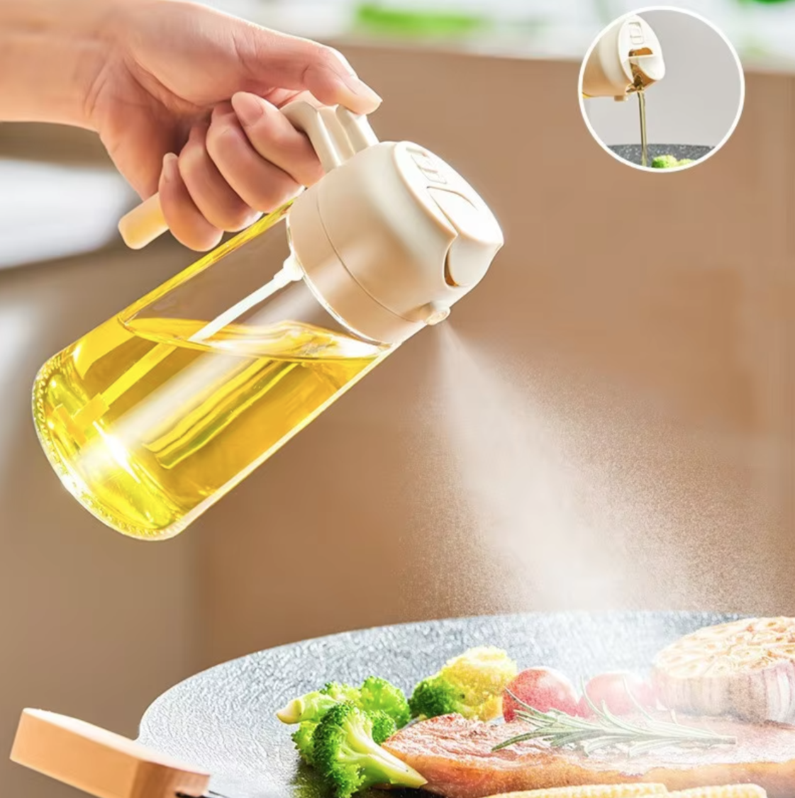 Oil Dispenser showing oil being sprayed.